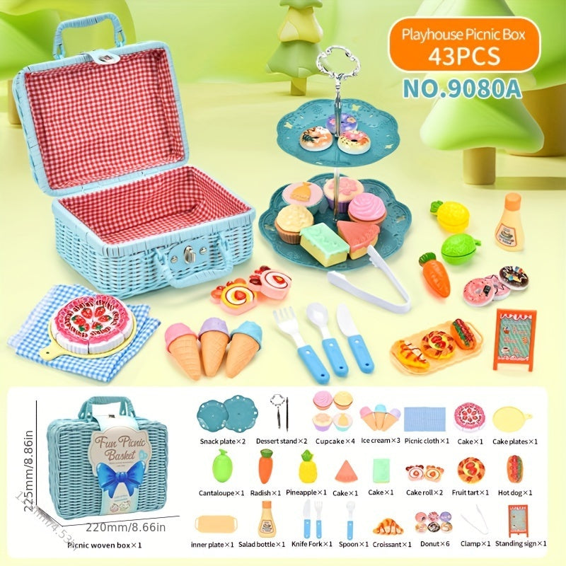 43PCS Picnic Basket Toy Set with Play Food & Cake Educational Kitchen Playset