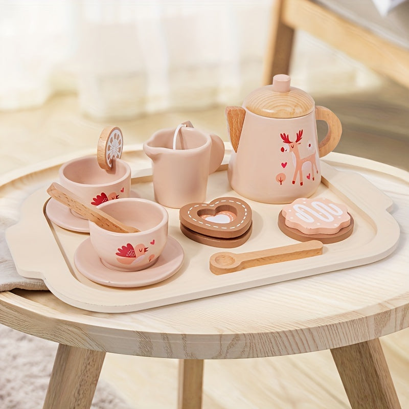 Wooden Tea Party Set for Kids Afternoon Tea Dessert Cake Teapot Cups