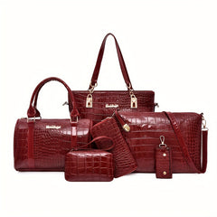 6 Pc Crocodile Pattern Bag Set Women's Shoulder Tote Handbag