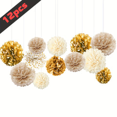 12pcs Golden Champagne Tissue Pom Poms - Elegant Party Decor