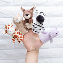 Plush Animal Finger Puppets Set: Zebra, Hippo, Kangaroo, Butterfly, Worm
