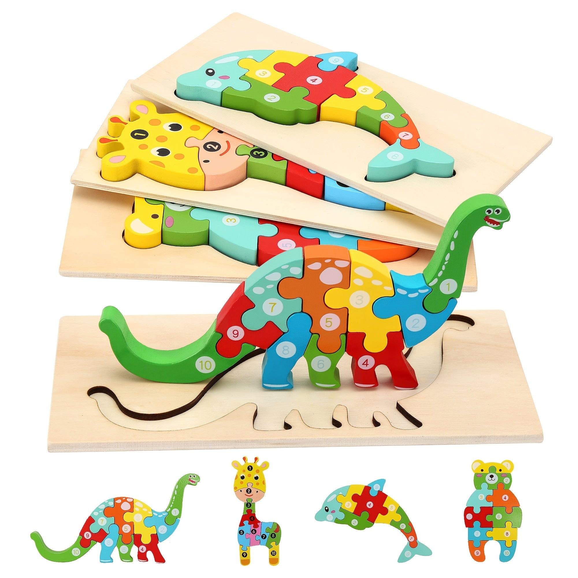 Wooden Animal Puzzles for Kids - Educational Shape Matching Toys