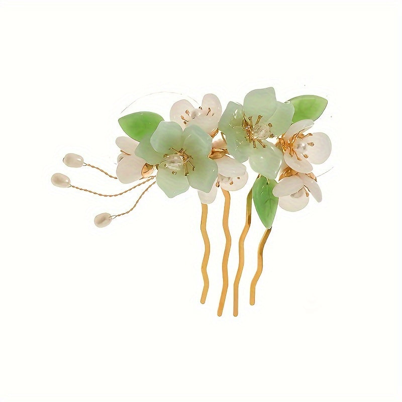 Green Glass Flowers Leaves Crystal Hair Comb Headwear