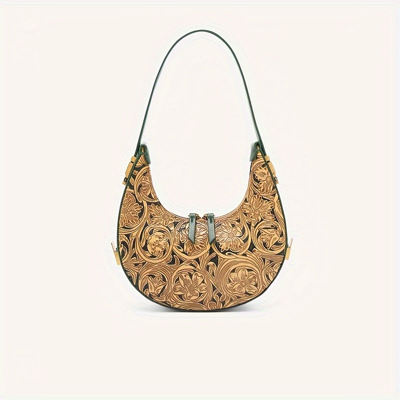 Vintage Crescent Flower Embossed Shoulder Bag Retro Hobo Underarm Purse