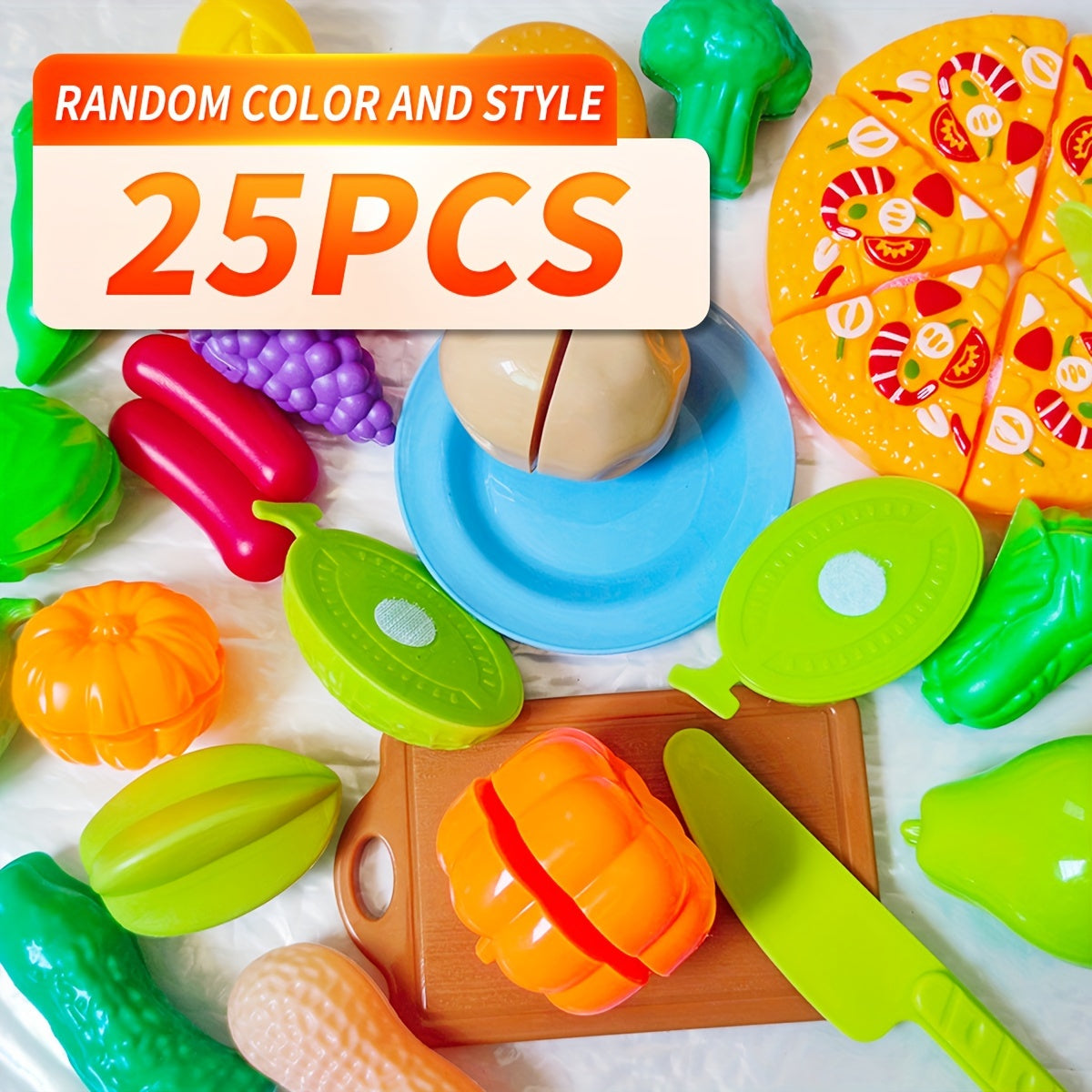 25PCS Kids Play Food Set for Pretend Play Realistic Toy Fruit & Vegetable Cuttin
