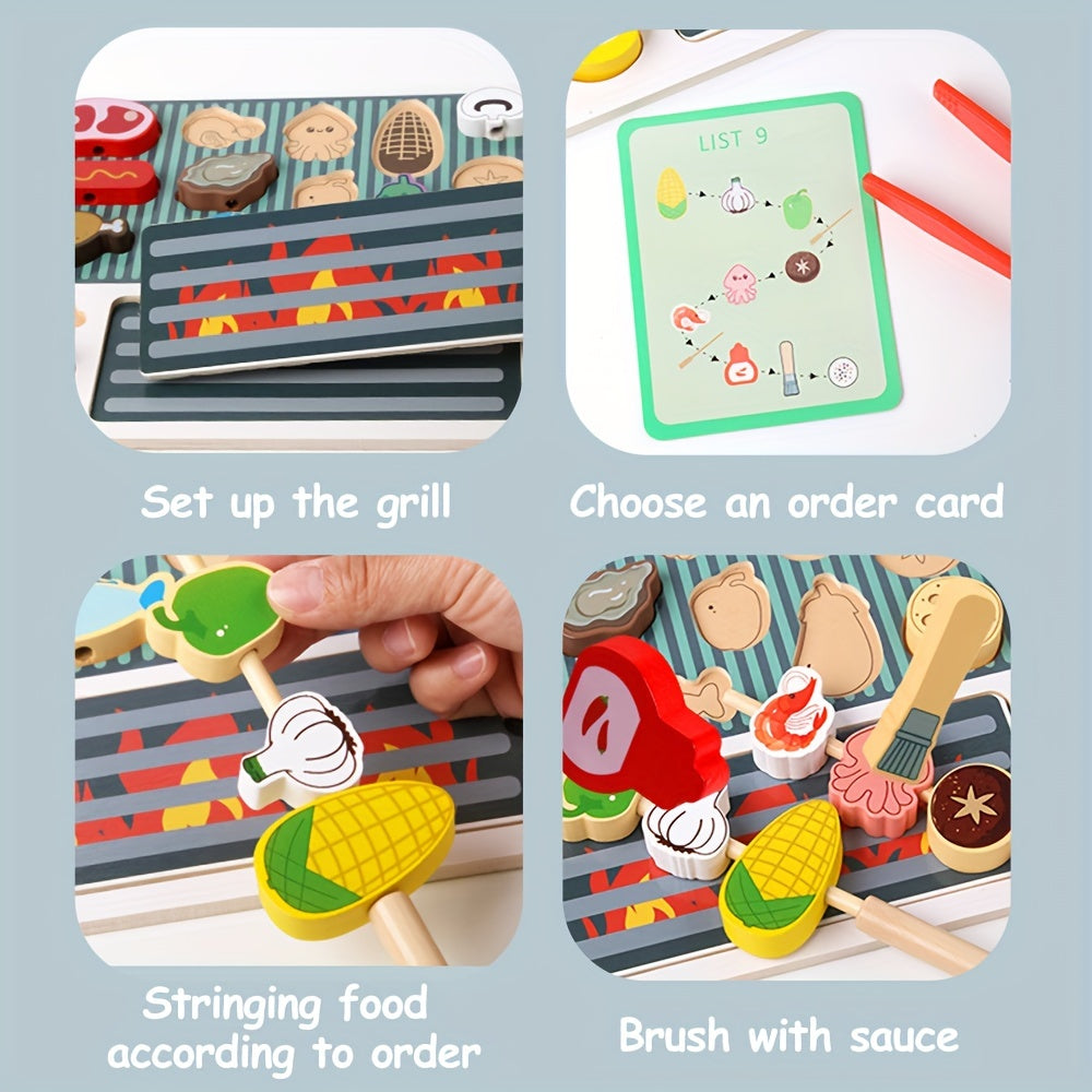 Kizh Wooden BBQ Playset Pretend Grill & Camping Cooking Toy Kit for Youngsters