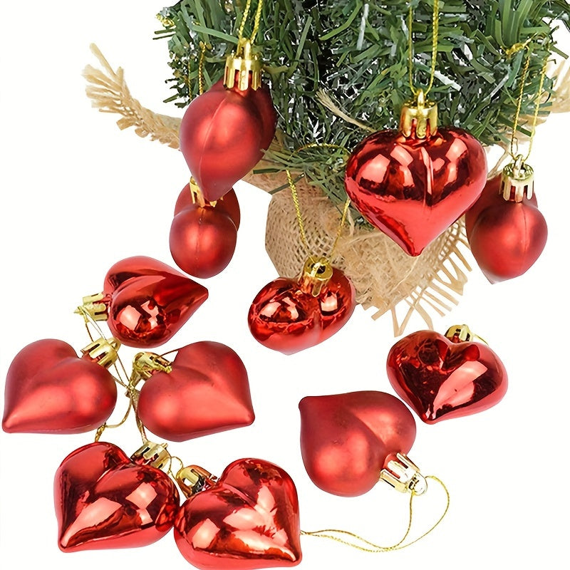 12pcs Red Heart Shaped Ornaments for Whimsical Christmas Tree Decor