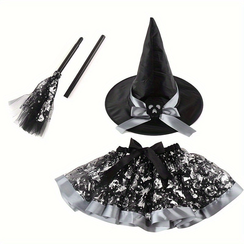 Witch Halloween Costume Set 3pcs Tutu Skirt Hat & Broom Spooky Prints