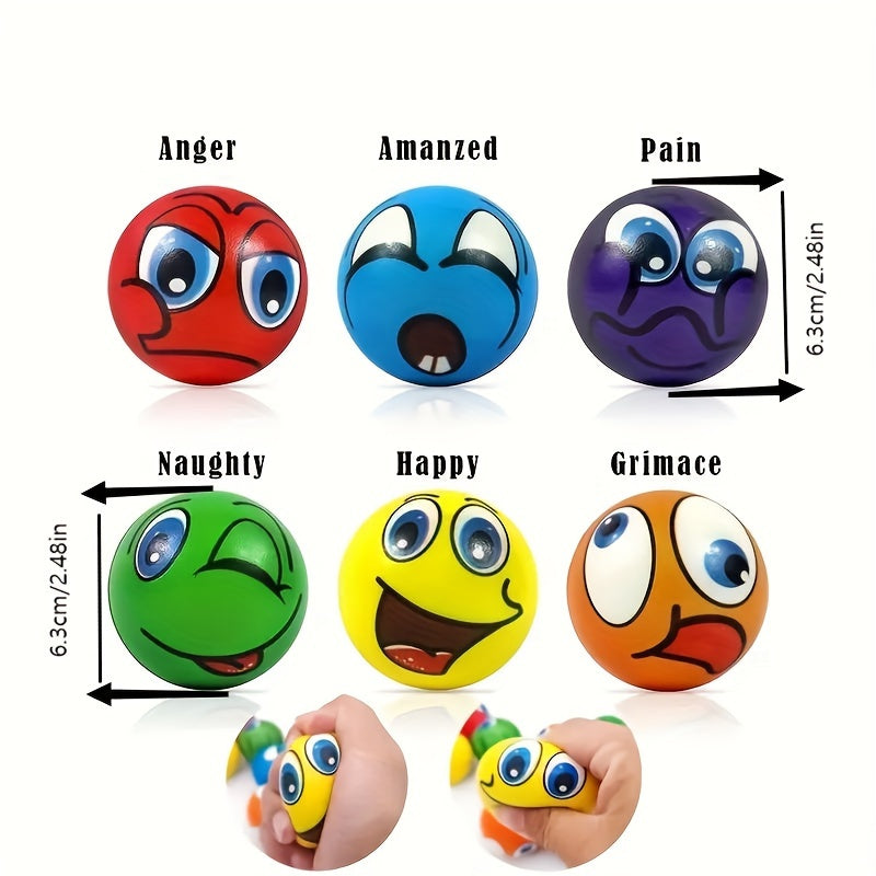 6 Pack Cartoon Stress Relief Balls Mixed Emotional Expression Squeeze Toys