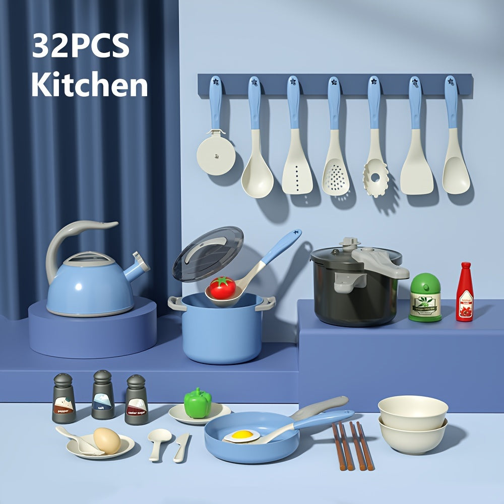 32-Piece Kids Kitchen Playset with Pretend Cooking & Food Toys
