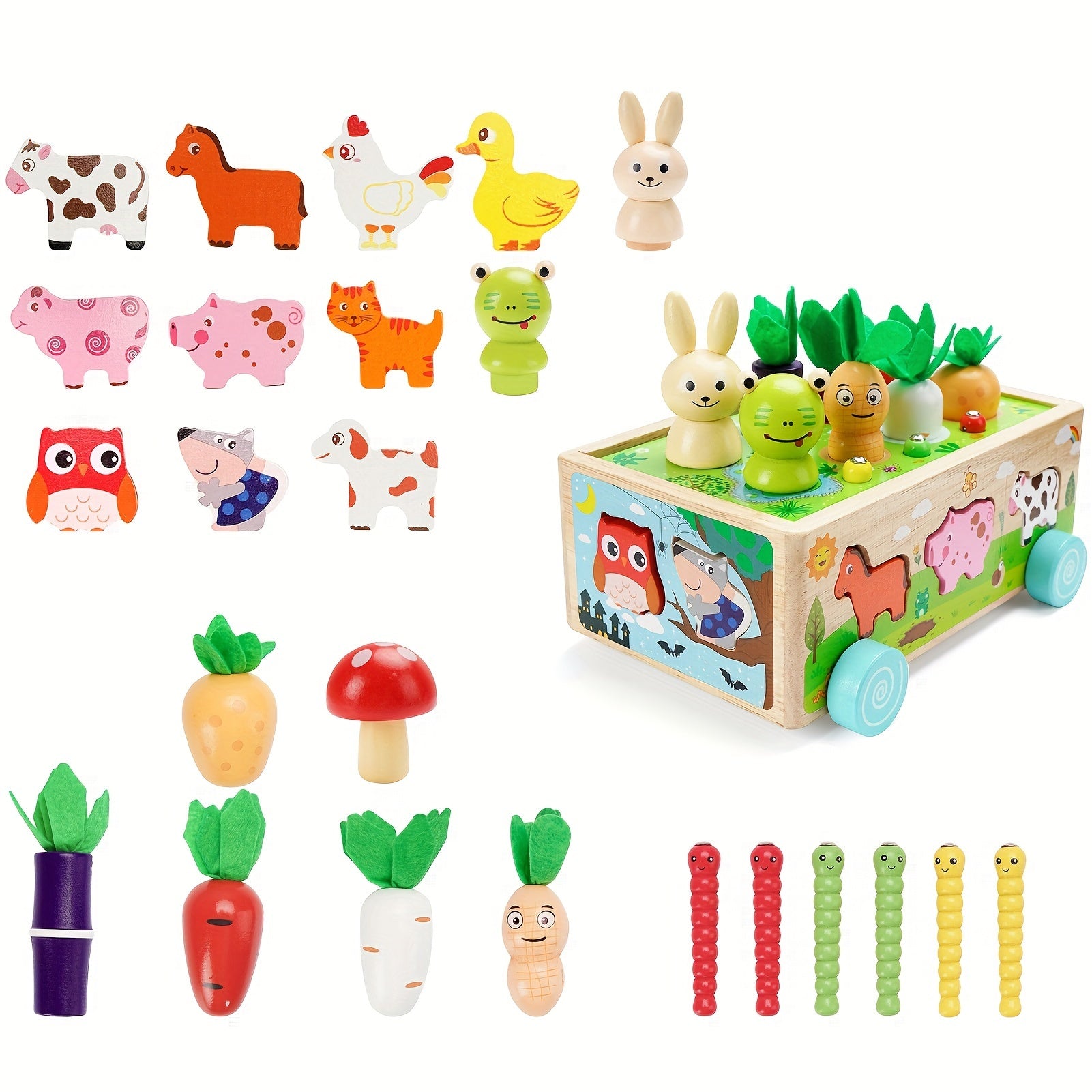 Wooden Farm Toy Set - Shape Recognition Learning and Fine Motor Skills