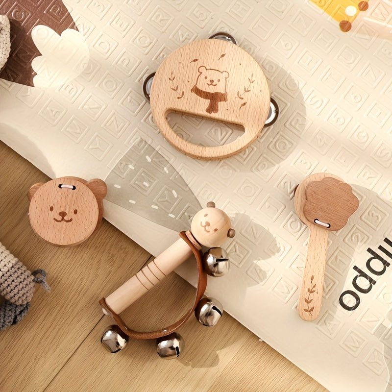 Wooden Bear Shaped Baby Rattle Bell Toy
