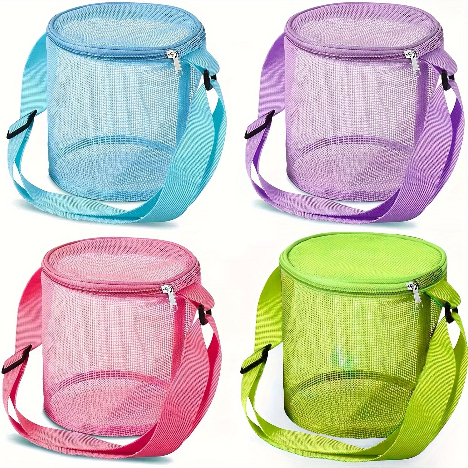 4pcs Beach Toys Mesh Bag Shell Collecting Adjustable Straps Zipper Sand Party Ac