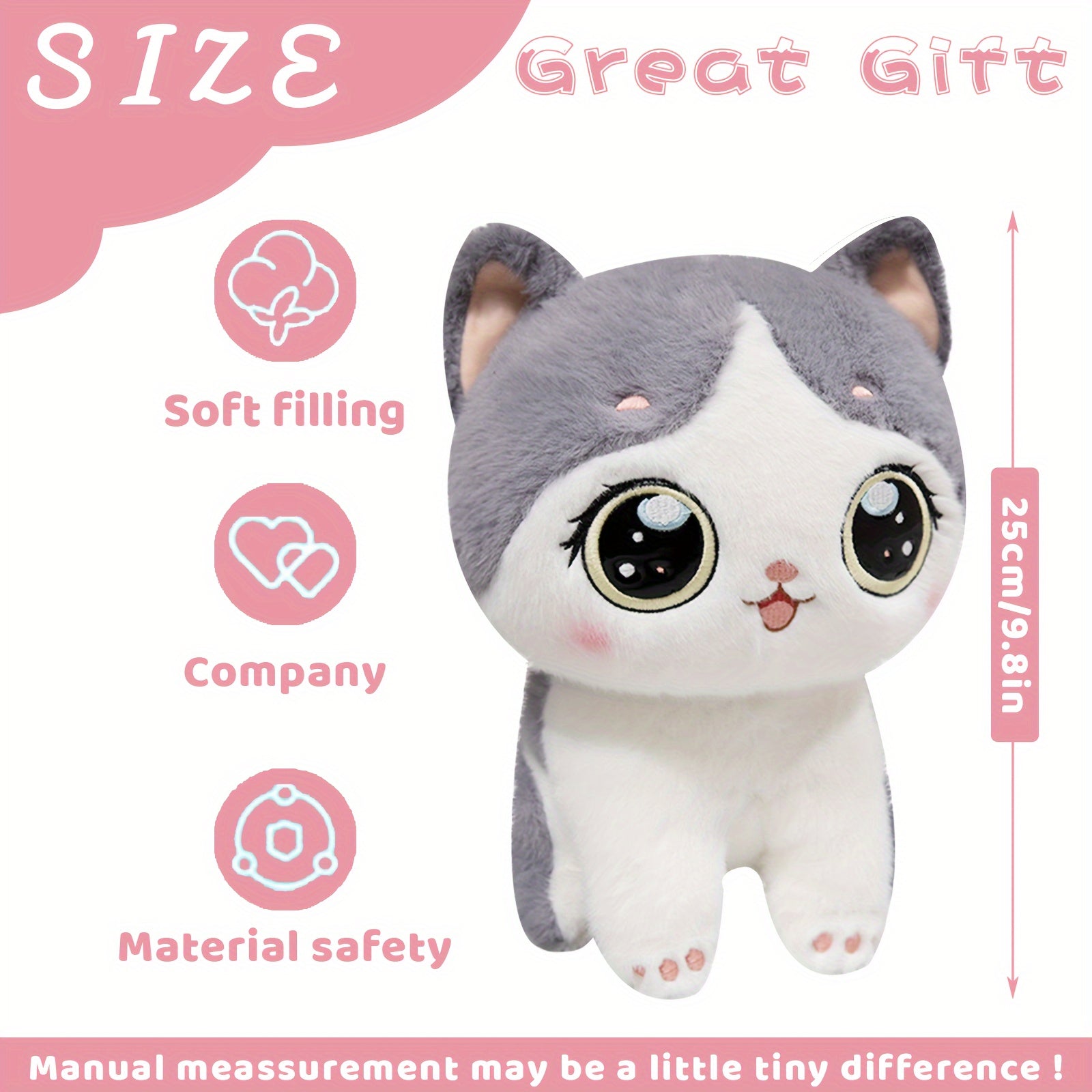Cartoon Cat Plush Toy Soft Stuffed Animal Birthday Grey