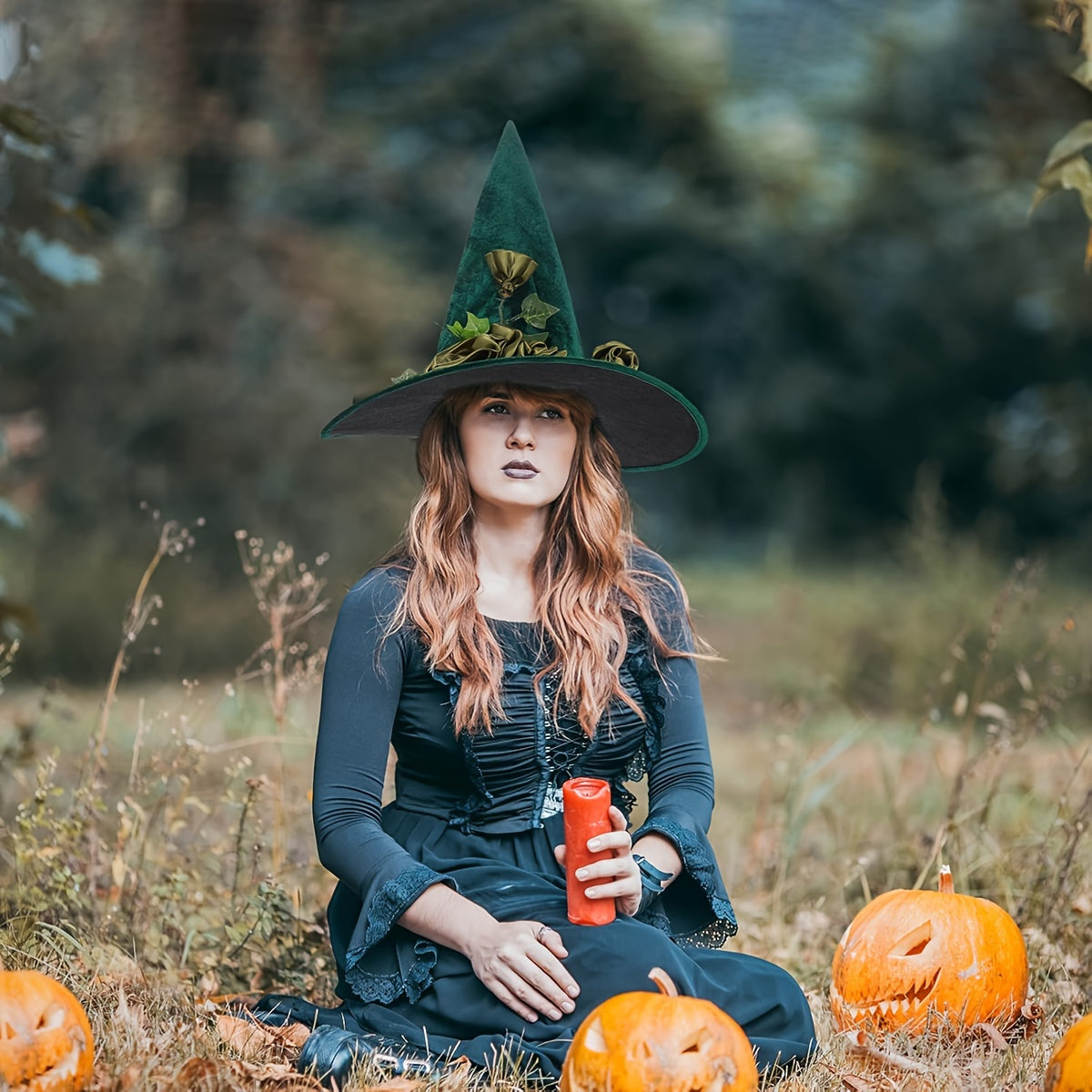 Velvet Witch Hat w/ Vine & Flower, Halloween Cosplay Parties