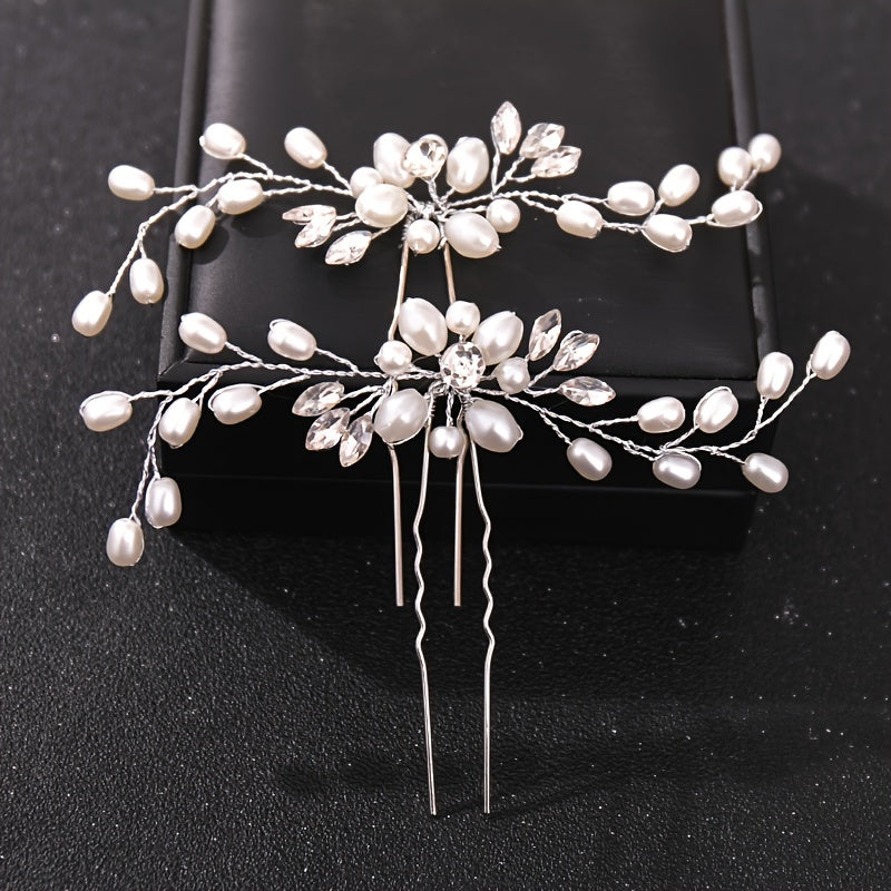 2pcs Pearl & Rhinestone U Hairpins for Bridal Updos & Parties