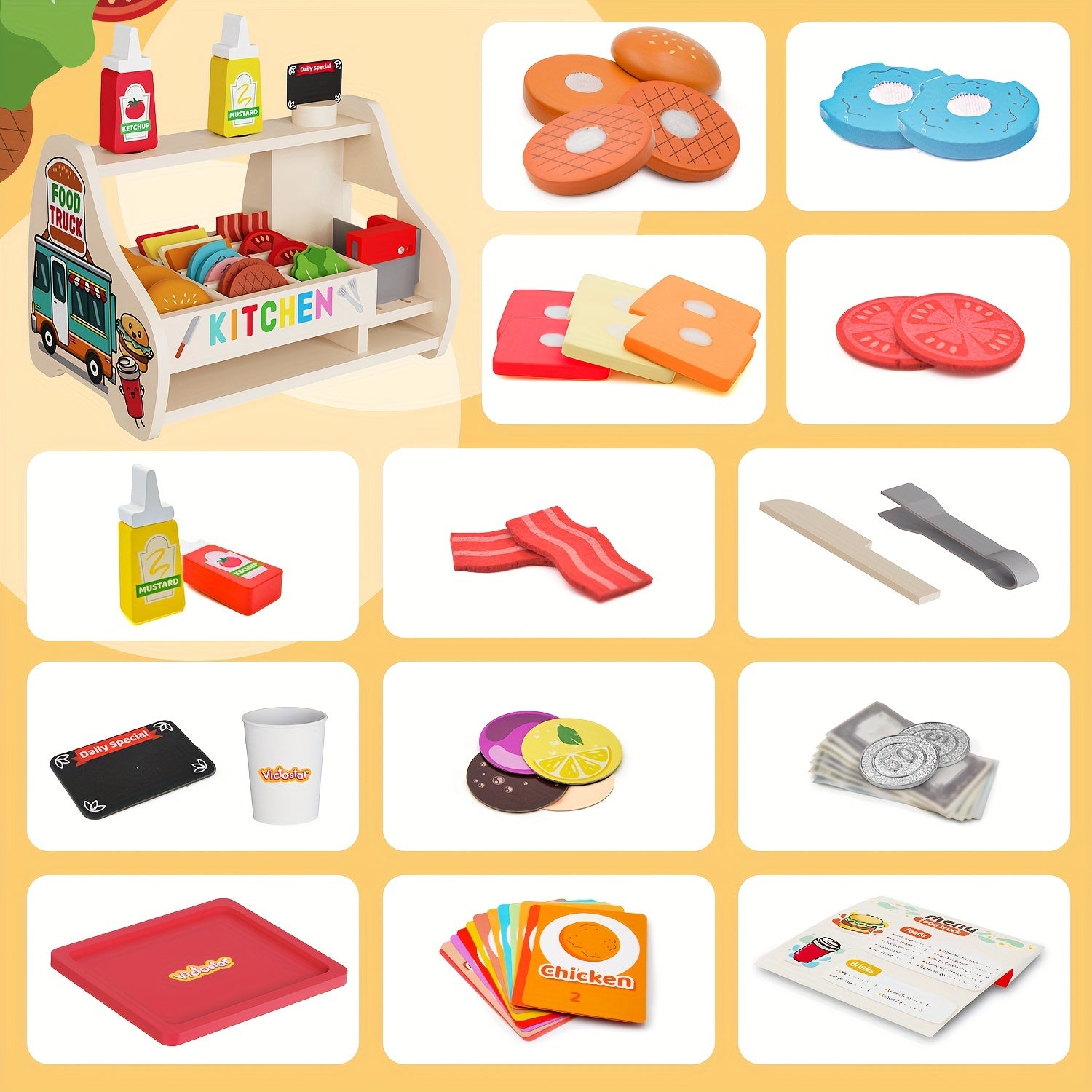 Wooden Game Food Set 58pcs Sliced And Stacked Sandwich Counter Play