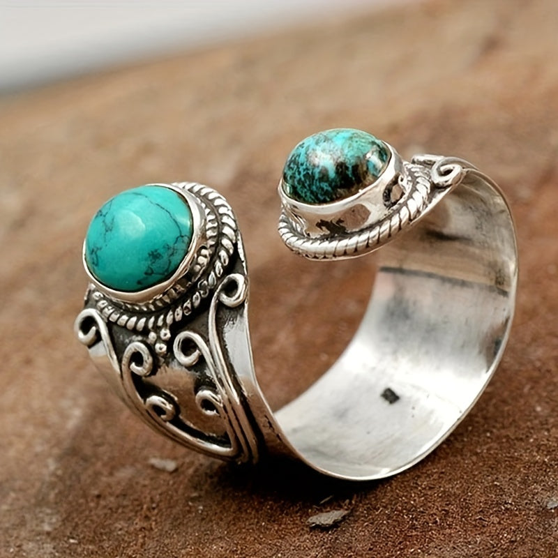 Vintage Boho Style Gemstone Ring Zinc Alloy Mosaic Adjustable Band