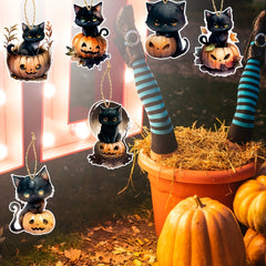 6pcs Halloween Cat & Pumpkin Tree Ornaments Hanging Decorations
