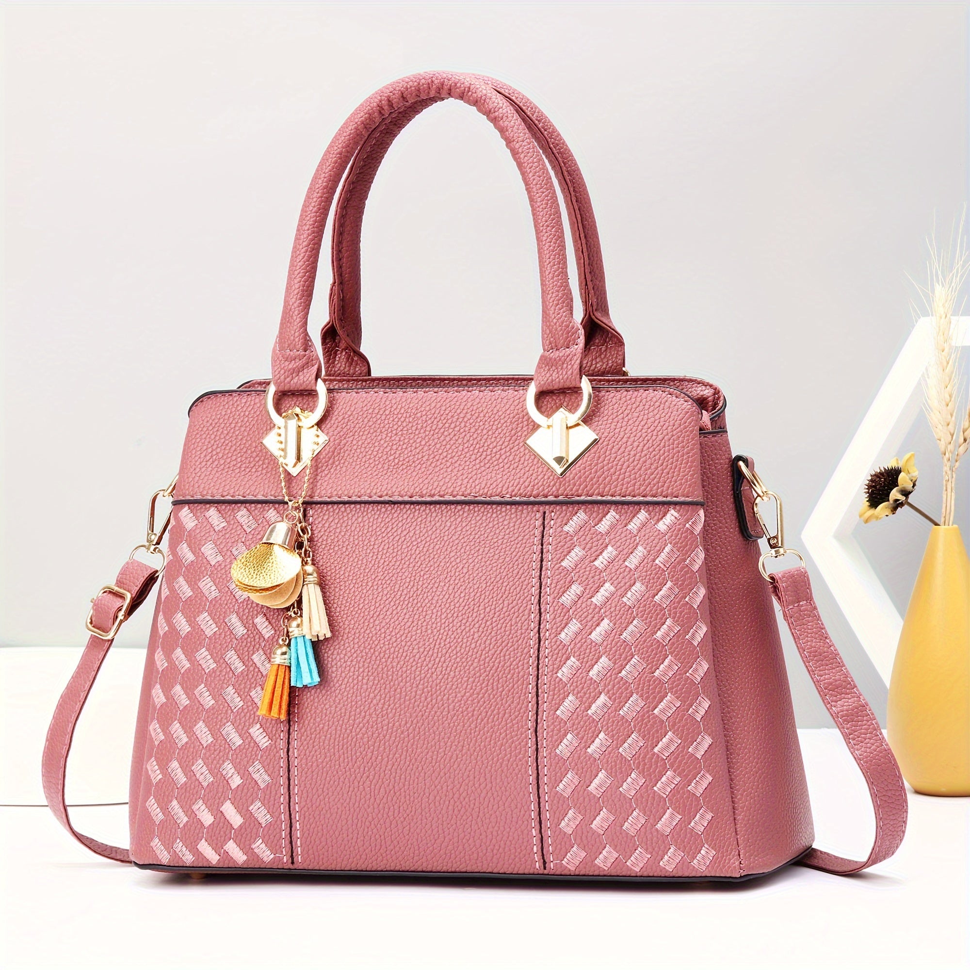 Grid Pattern Tote Handbag in PU Leather