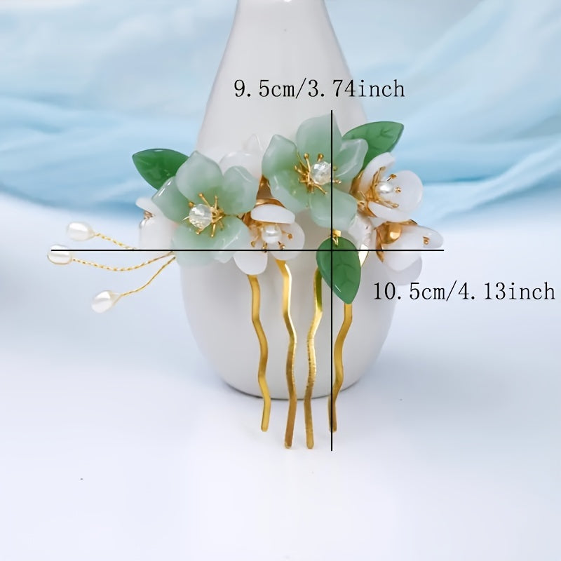 Green Glass Flowers Leaves Crystal Hair Comb Headwear