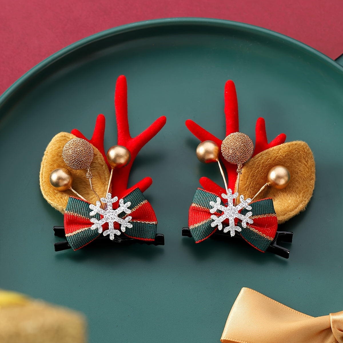 2pcs Christmas Hair Clips with Antlers & Snowflake Bow