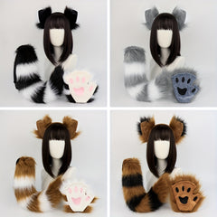 Anime Fox Ear Headband Fluffy Tail & Paw Gloves Set Faux Fur Costume