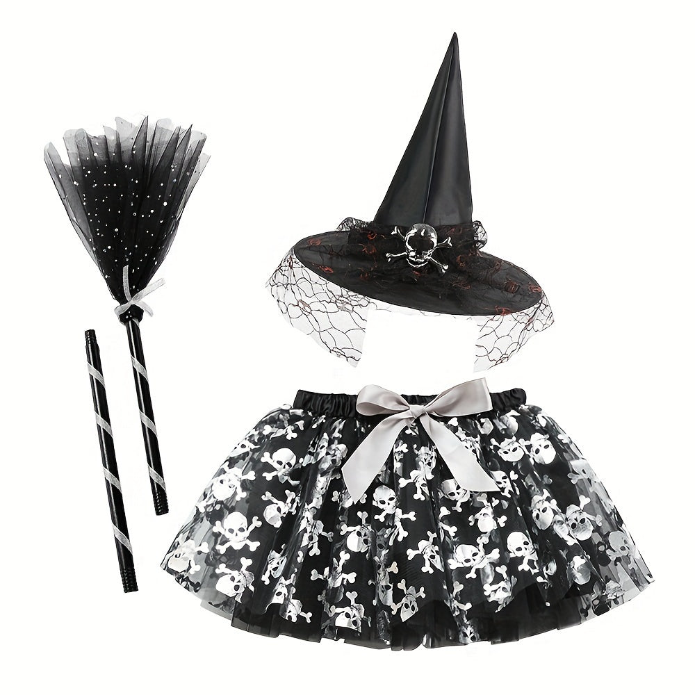 Witch Halloween Costume Set: Pumpkin Tutu Skirt, Hat & Broom