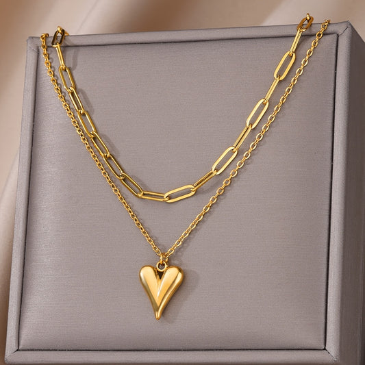 Love Stainless Steel Golden Double Layer Necklace For Couple