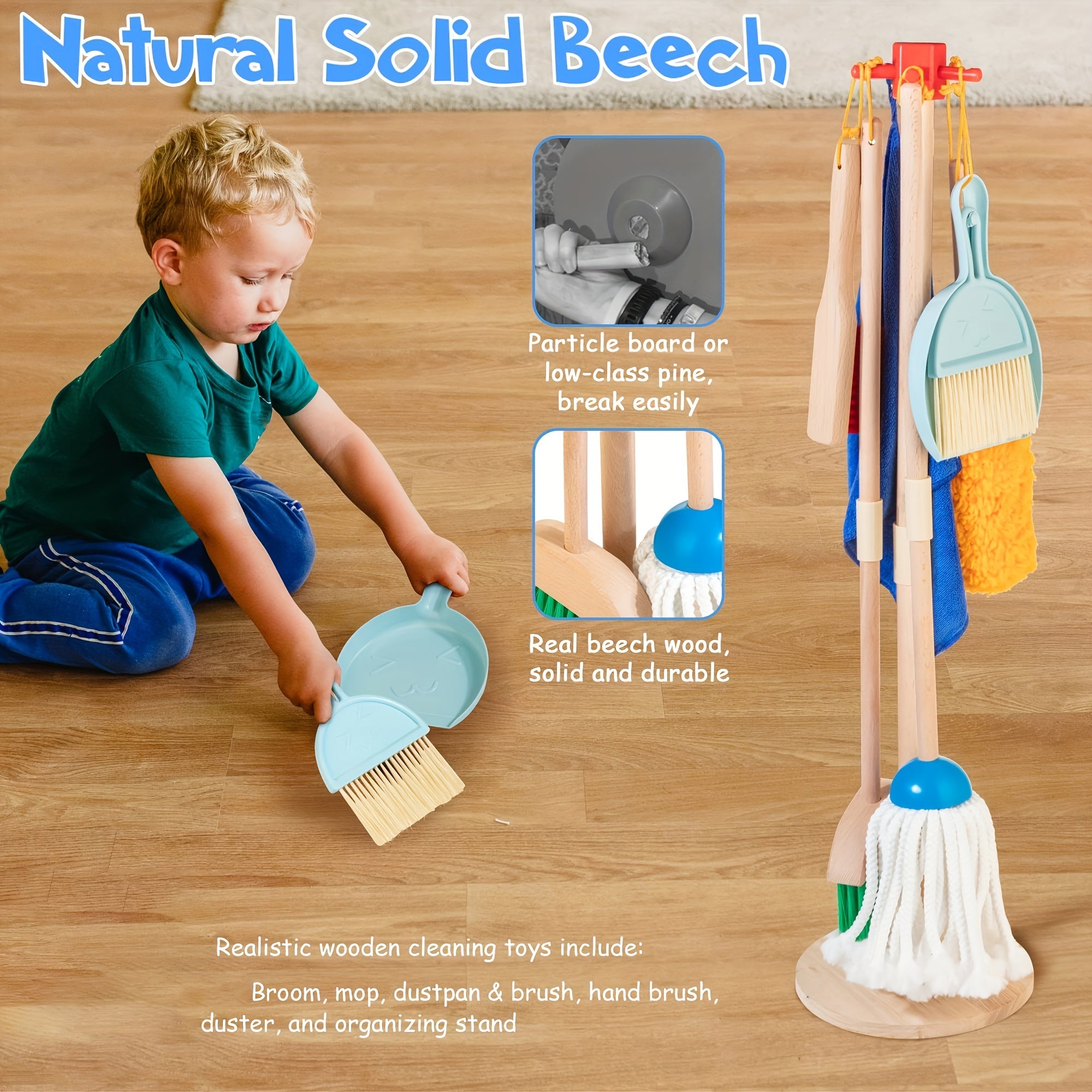 Wooden Pretend Cleaning Set for Kids Housework Toy Kit with Broom and Mop