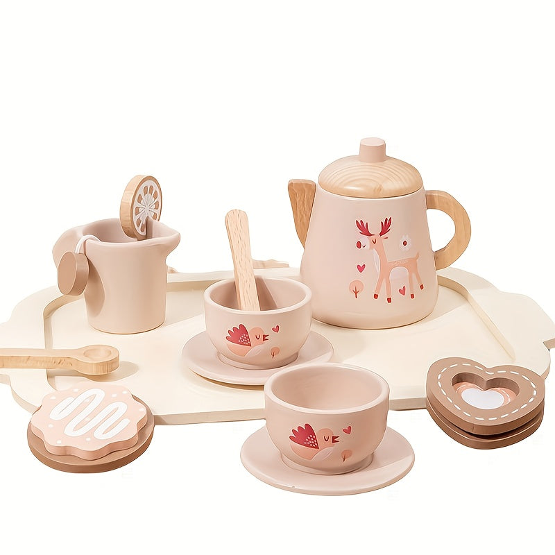 Wooden Tea Party Set for Kids Afternoon Tea Dessert Cake Teapot Cups
