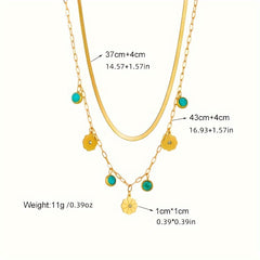 Boho Vintage Stainless Steel Double Chain Necklace with Flower Turquoise Pendant