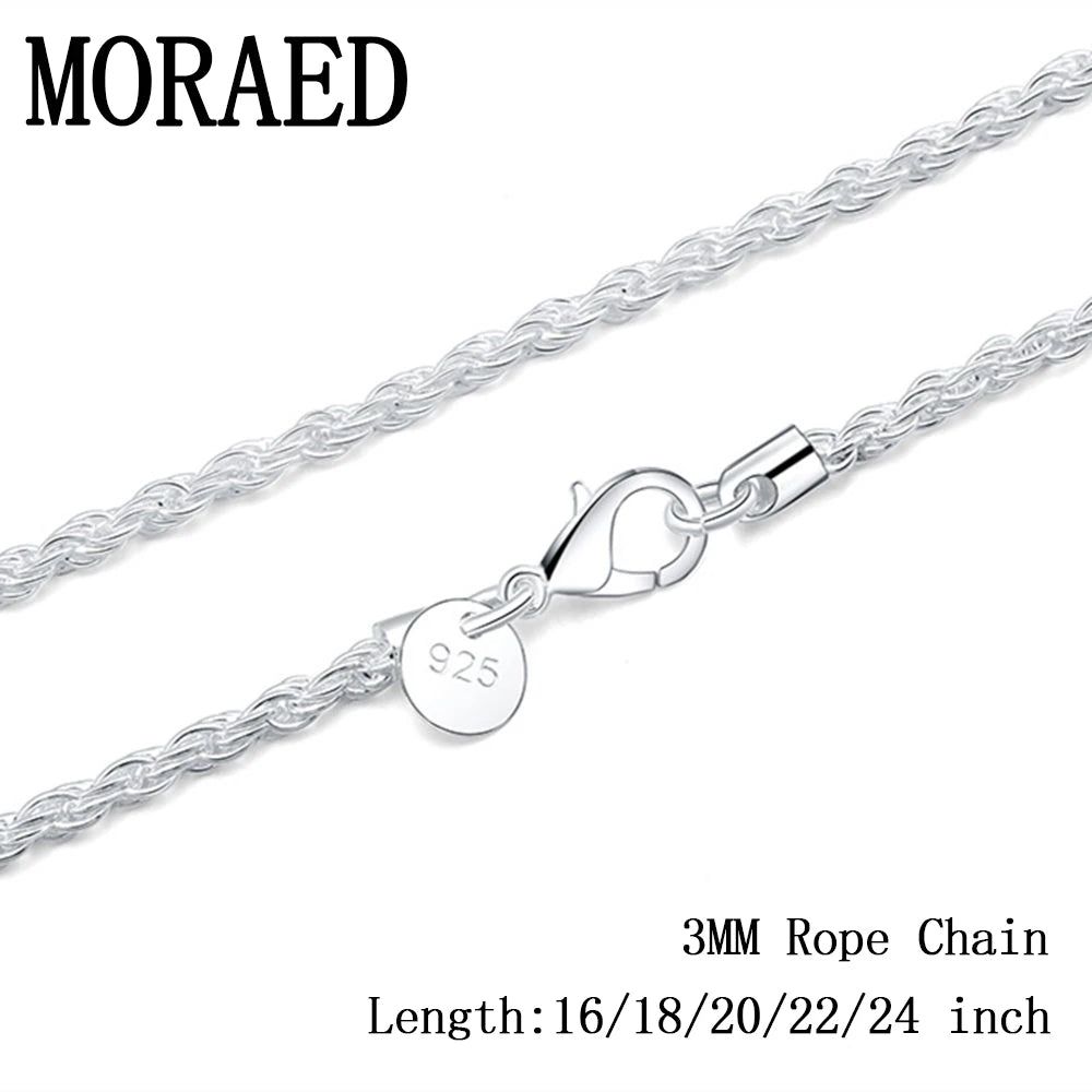 925 Silver 3mm Rope Chain Necklace for Women Men