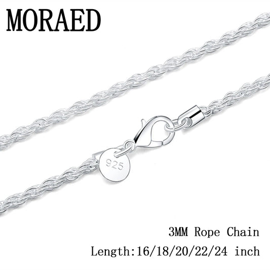 925 Silver 3mm Rope Chain Necklace for Women Men