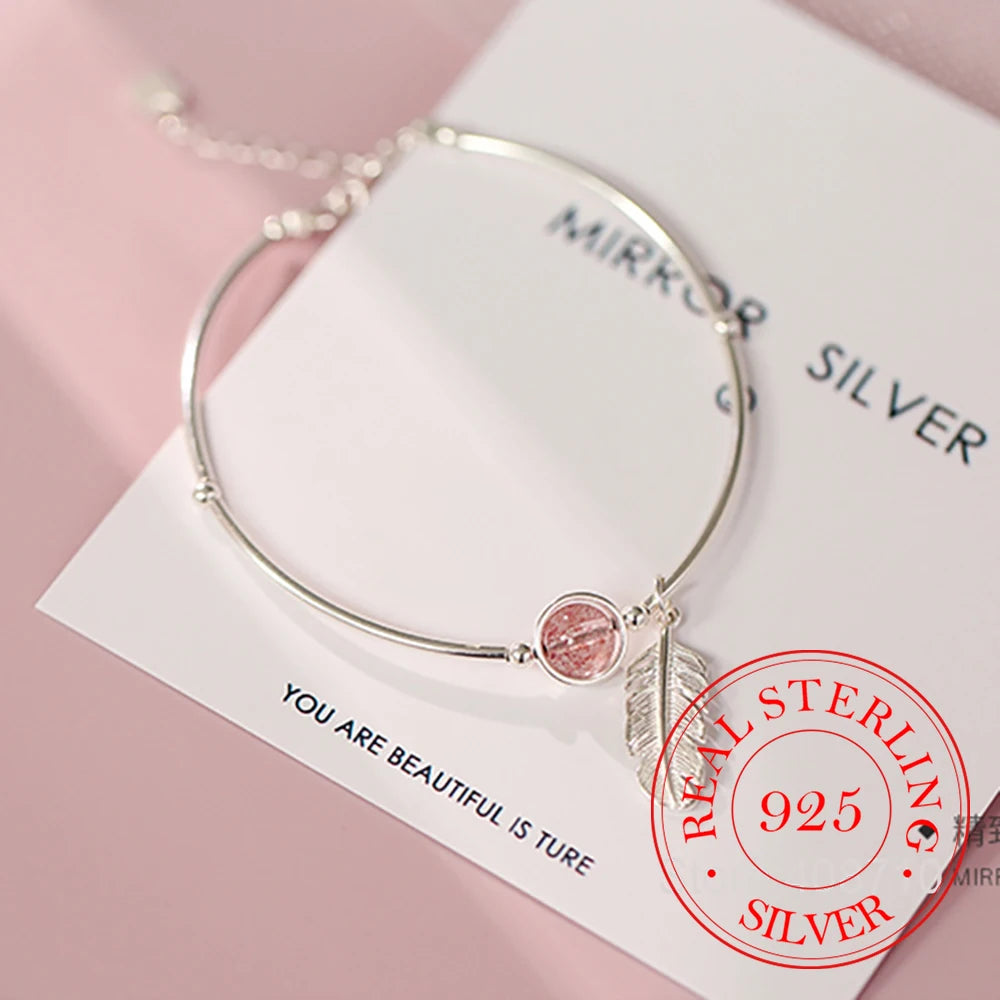 925 Silver Crystal Bead Feather Charm Bracelet Adjustable Bangle