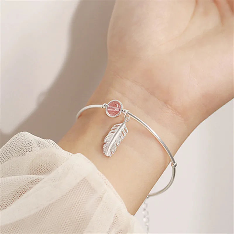 925 Silver Crystal Bead Feather Charm Bracelet Adjustable Bangle