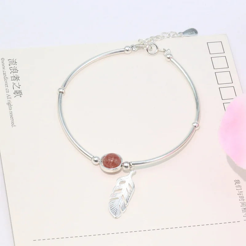 925 Silver Crystal Bead Feather Charm Bracelet Adjustable Bangle