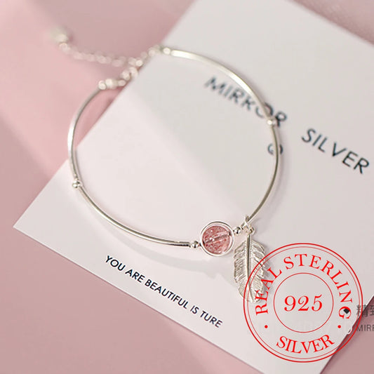 925 Silver Crystal Bead Feather Charm Bracelet Adjustable Bangle