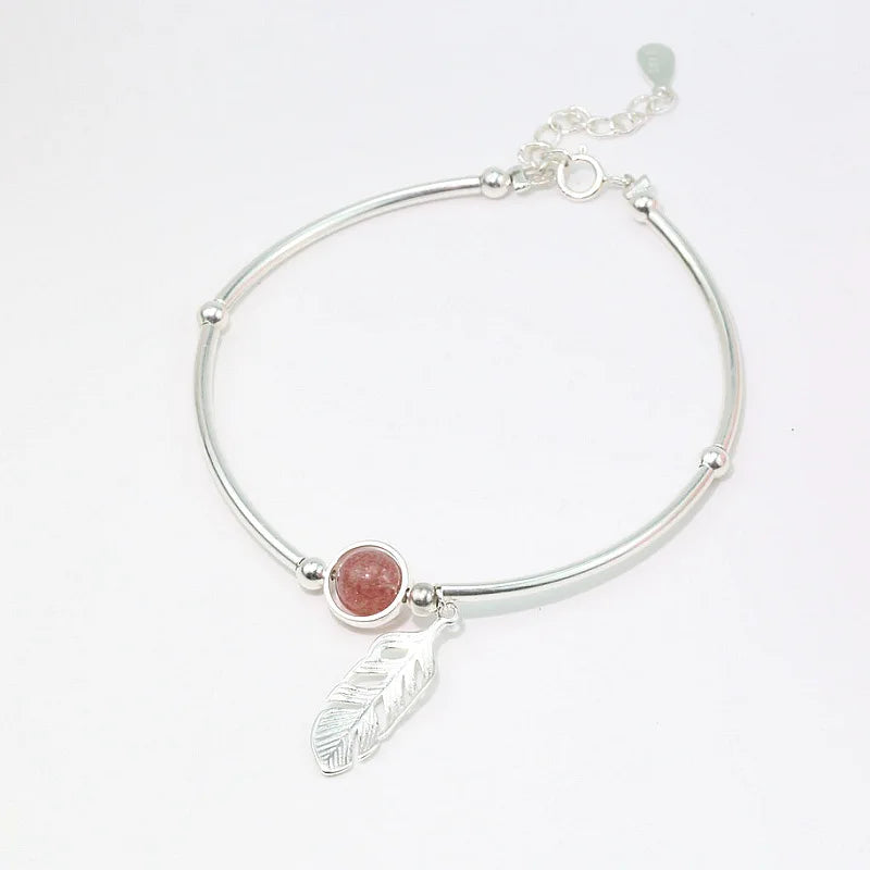 925 Silver Crystal Bead Feather Charm Bracelet Adjustable Bangle