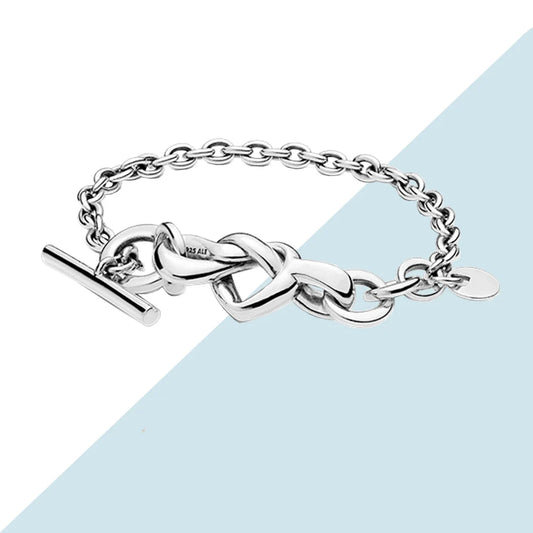 925 Silver Heart Knot Bracelet T-clasp Fit Bead Charm Women