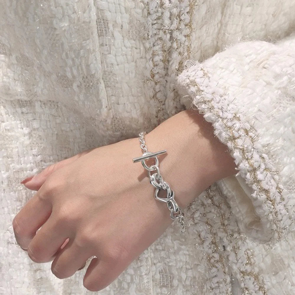 925 Silver Heart Knot Bracelet T-clasp Fit Bead Charm Women