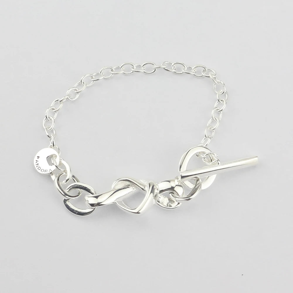 925 Silver Heart Knot Bracelet T-clasp Fit Bead Charm Women