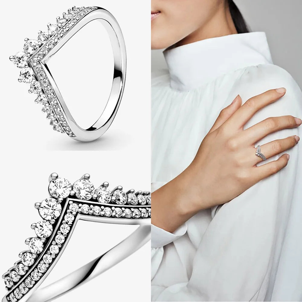 925 Silver Tiara Crown Heart CZ Ring for Women