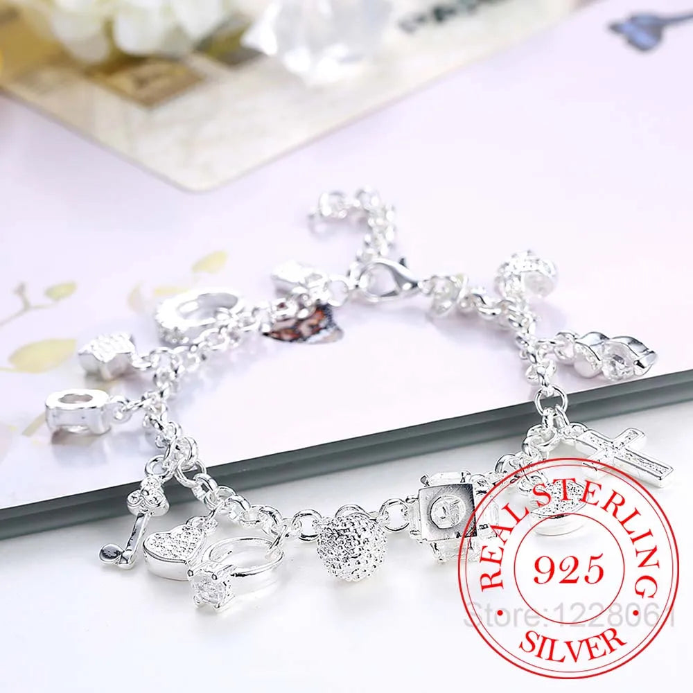 925 Silver Charms Bracelet with Zircon Heart Star Moon Flower, Women's Jewelry