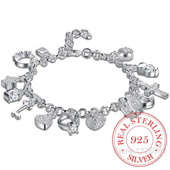 925 Silver Charms Bracelet with Zircon Heart Star Moon Flower, Women's Jewelry