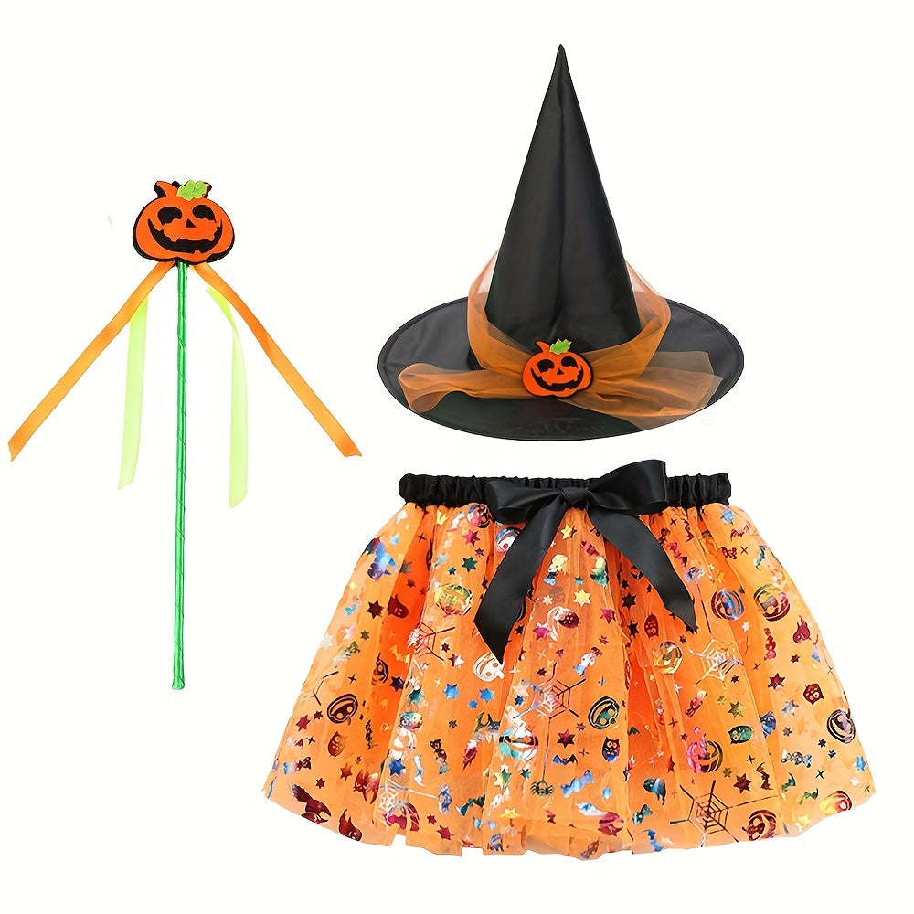 Witch Halloween Costume Set: Pumpkin Tutu Skirt, Hat & Broom
