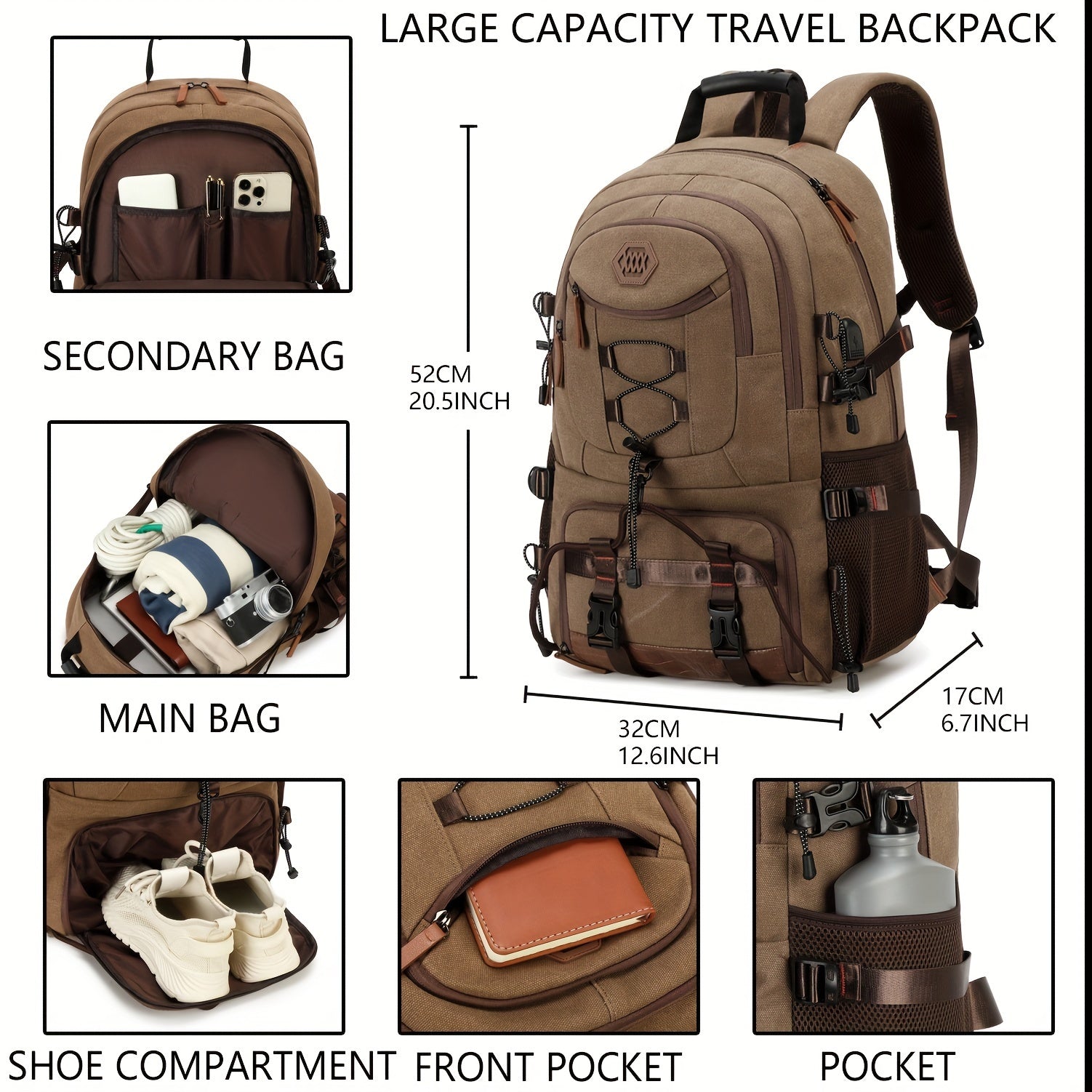 Large Capacity Hiking Backpack with Shoe Compartment and Laptop Sleeve