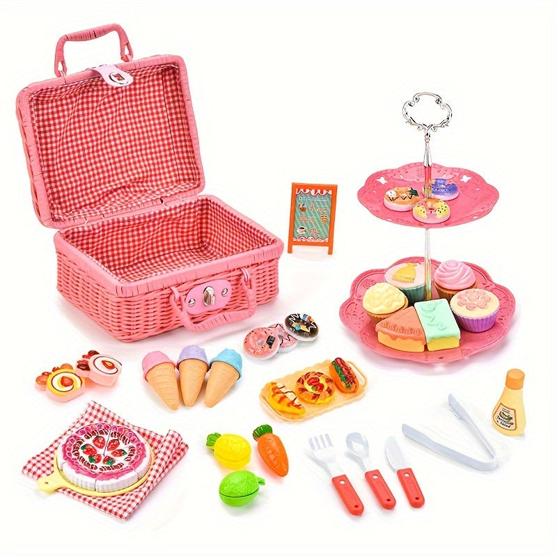 43PCS Picnic Basket Toy Set with Play Food & Cake Educational Kitchen Playset