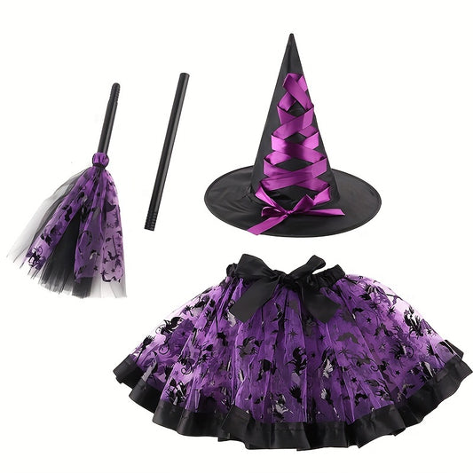 Witch Halloween Costume Set 3pcs Tutu Skirt Hat & Broom Spooky Prints