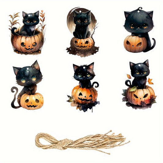 6pcs Halloween Cat & Pumpkin Tree Ornaments Hanging Decorations